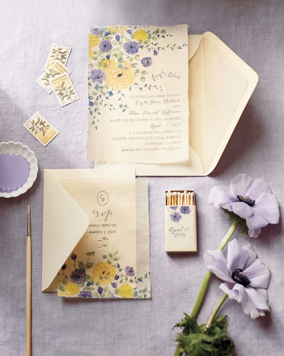 wedding stationery with yellow and lavender printing for yellow weddding themes for 2023 yellow and lavender