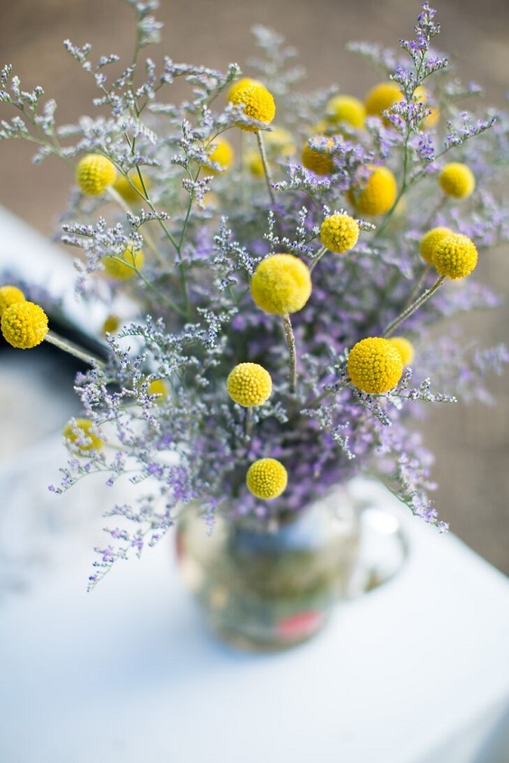 yellow billy balls and lavender wedding centerpieces for yellow weddding themes for 2023 yellow and lavender