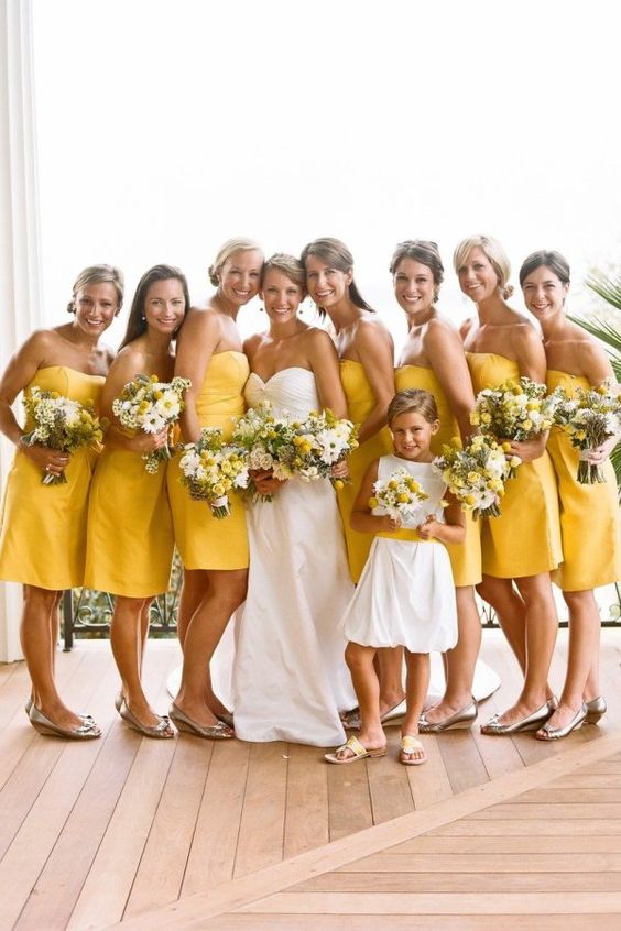 yellow bridesmaid dresses white bridal gown white flower girl dress for yellow weddding themes for 2023 yellow and green