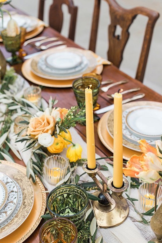 yellow candle yellow flower and greenery wedding centerpieces for yellow weddding themes for 2023 yellow and green