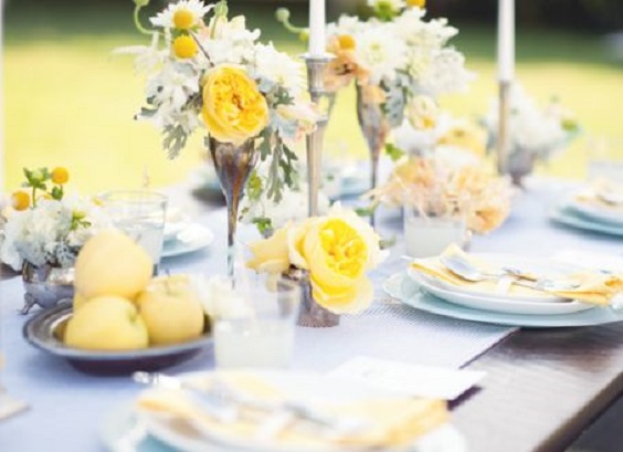 dusty blue wedding tablecloth yellow and white flowers centerpieces for yellow weddding themes for 2023 yellow and dusty blue