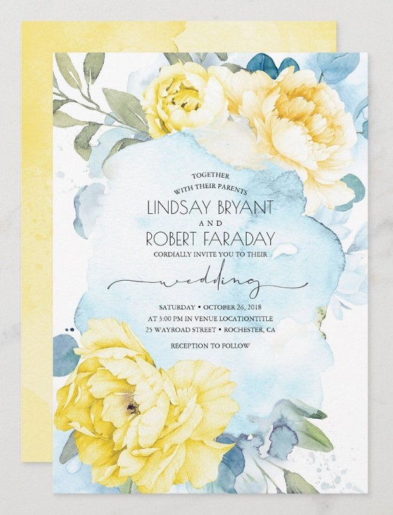 wedding invitation with yellow floral and dusty blue color printing for yellow weddding themes for 2023 yellow and dusty blue