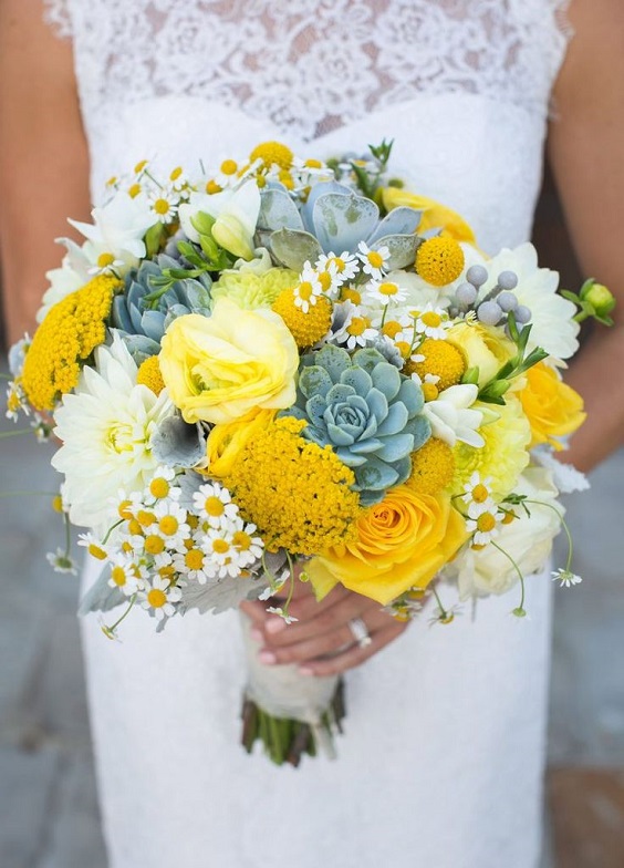 yellow and dusty blue flower bridal bouquet for yellow weddding themes for 2023 yellow and dusty blue