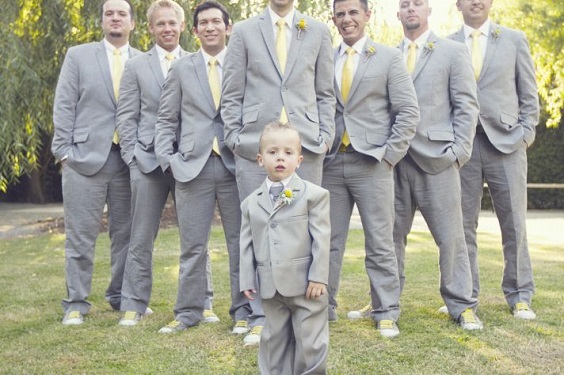 grey groomsmen and senior groomsmen suits for yellow weddding themes for 2023 yellow and gray