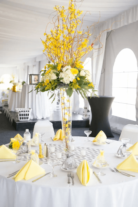 gray striped wedding table runner yellow napkins yellow flowers centerpieces for yellow weddding themes for 2023 yellow and gray