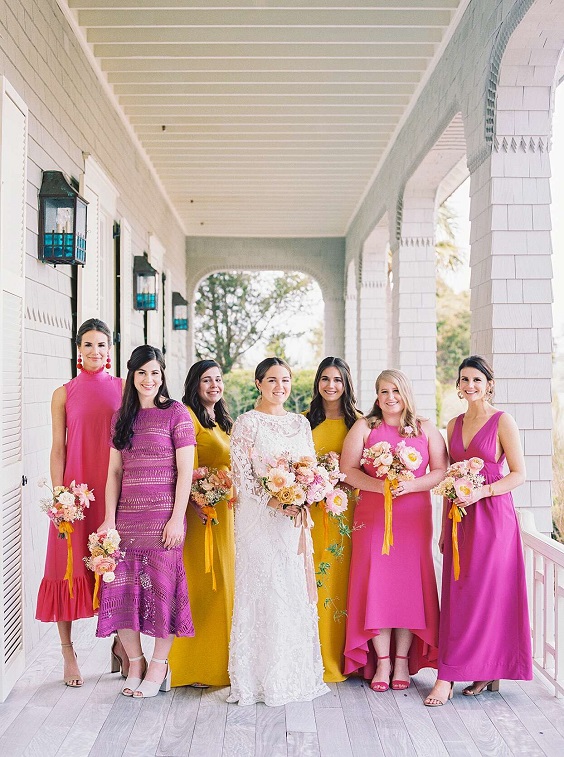 pink bridesmaid dresses and yellow bridesmaid dresses white bridal gown for yellow weddding themes for 2023 yellow orange and pink