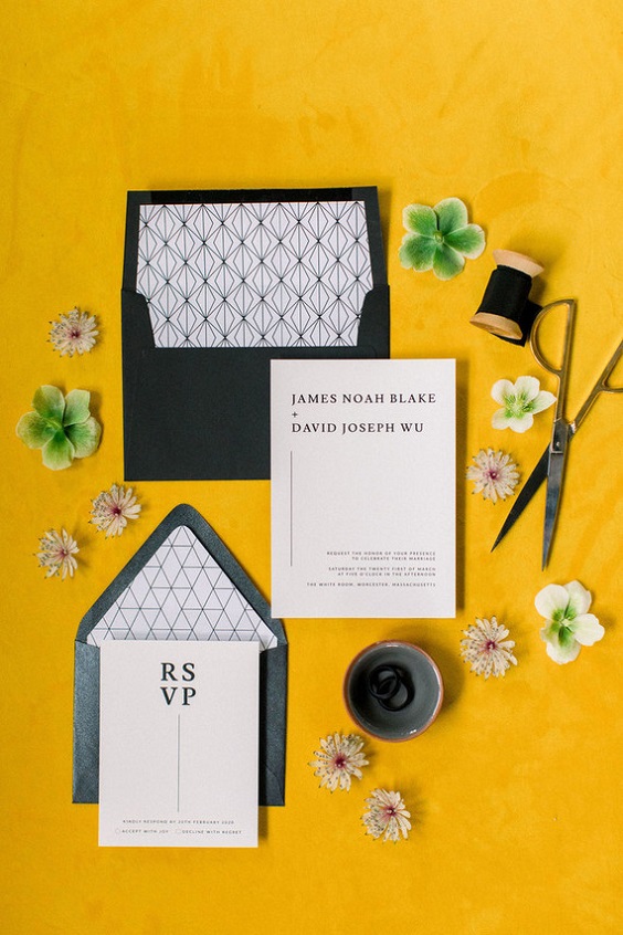 white wedding invitate suite with black cover for yellow weddding themes for 2023 yellow black and white