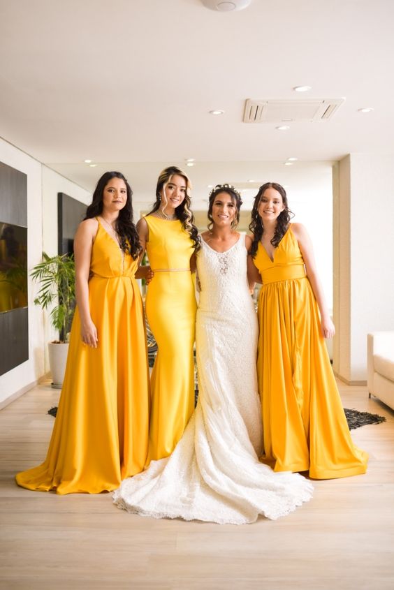 yellow bridesmaid dresses and white bridal gown for yellow weddding themes for 2023 yellow black and white