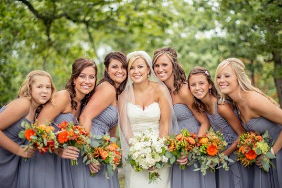 Orange and Grey Wedding Color Palettes 2023, Grey Bridesmaid Dresses, Orange Corsages