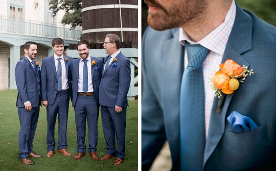 Groom Groomsmen Attire and Corsages for Orange, Yellow and Ice Blue Wedding Color Palettes 2023