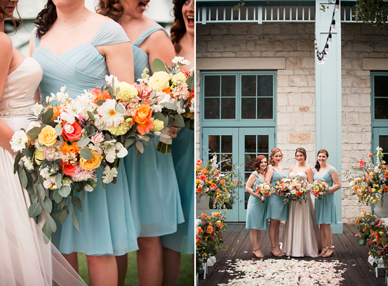 Orange, Yellow and Ice Blue Wedding Color Palettes 2023, Ice Blue Bridesmaid Dresses, Orange Corsages
