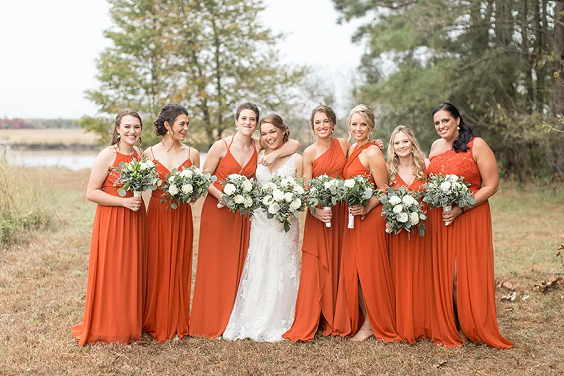 Orange, White and Khaki Wedding Color Palettes 2023, Orange Bridesmaid Dresses, Khaki Groom Suit