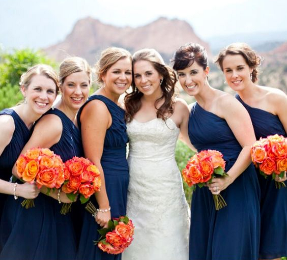 Orange and Navy Blue Wedding Color Palettes 2023, Navy Blue Bridesmaid Dresses, Orange Bouquets
