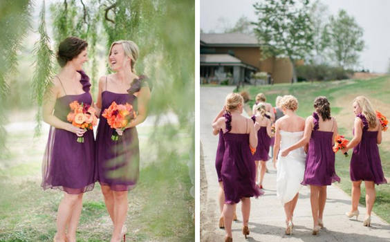 Orange, Purple and Grey Wedding Color Palettes 2023, Purple Bridesmaid Dresses, Orange Bouquets