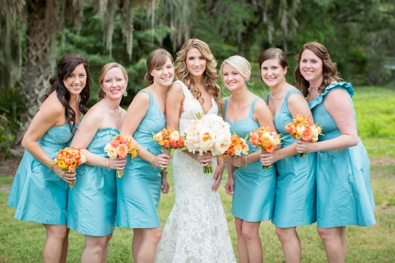 Orange and Turquoise Wedding Color Palettes 2023, Turquoise Bridesmaid Dresses, Orange Bouquets