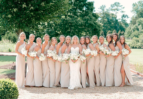 Champagne, White and Greenery July Wedding Color Combinations 2023, Champagne Bridesmaid Dresses, White Bouquets