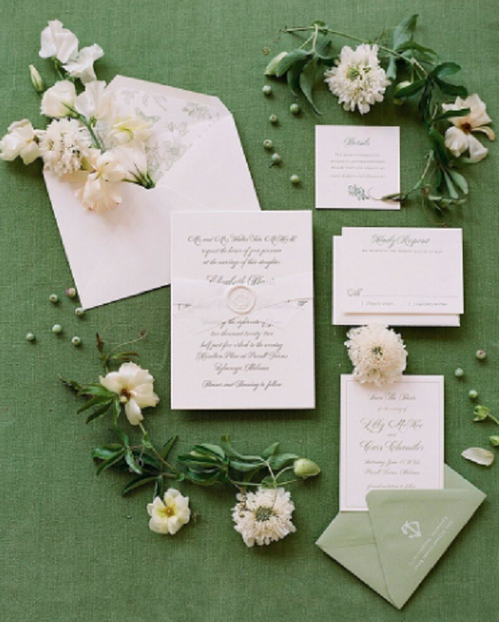 Wedding Invitations for Champagne, White and Greenery July Wedding Color Combinations 2023