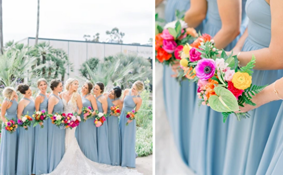 Dusty Blue and Fuchsia July Wedding Color Combinations 2023, Dusty Blue Bridesmaid Dresses, Fuchsia Bouquets