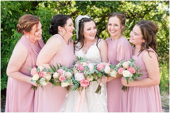 Dusty Rose and Grey July Wedding Color Combinations 2023, Dusty Rose Bridesmaid Dresses, Grey Groom Attire