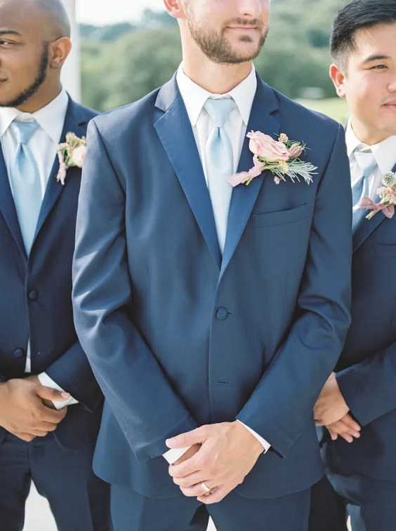 Navy Blue Groom Groomsmen Attire for Dusty Blue and Dusty Rose July Wedding Color Combinations 2023
