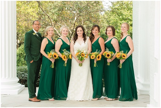 Green and Sunflower July Wedding Color Combinations 2023, Green Bridesmaid Dresses, Sunflower Bouquets