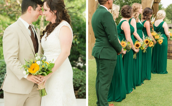 Khaki Groom Attire Sunflower Bouquets for Green and Sunflower July Wedding Color Combinations 2023