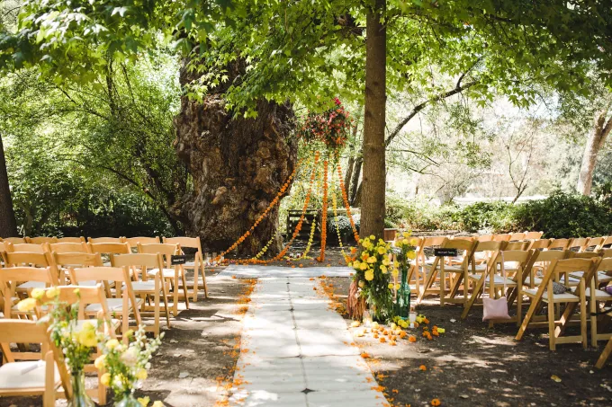 Outdoor Wedding Ceremony Decorations for Yellow and Orange July Wedding Color Combinations 2023