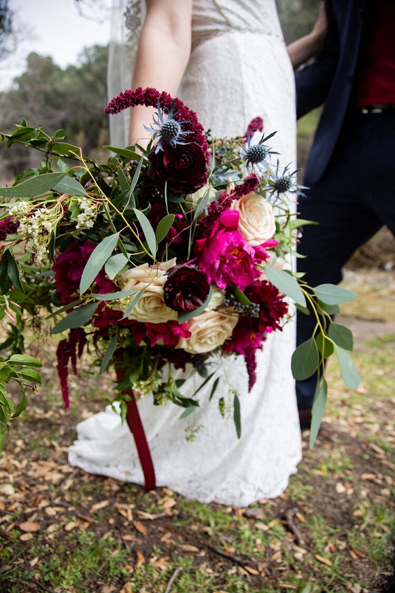 burgundy pink white flower and greenery bridal bouquet for navy blue wedding themes for 2023 navy blue and burgundy