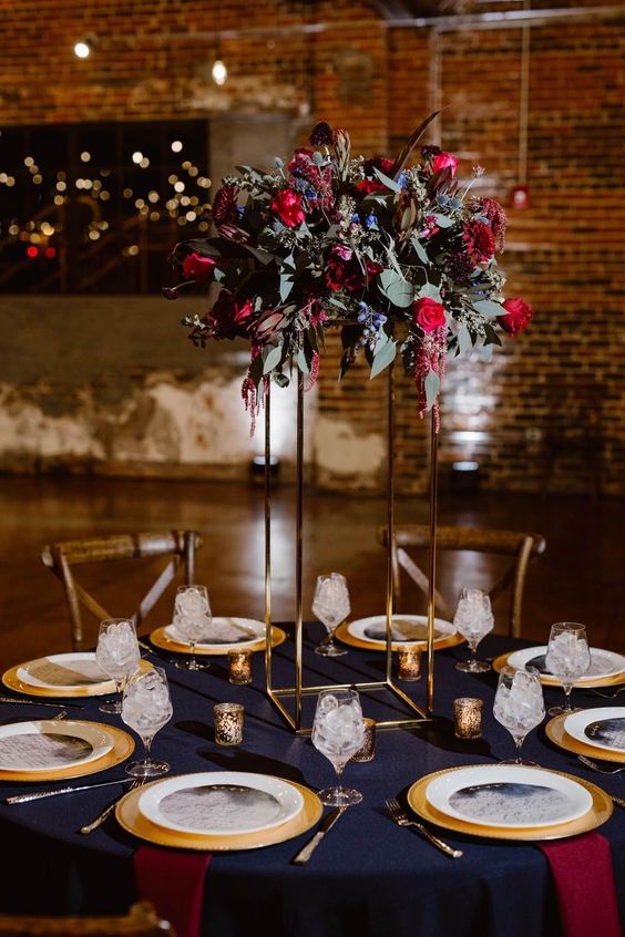 navy blue wedding tablecloth navy blue napkins burgundy and greenery centerpieces for navy blue wedding themes for 2023 navy blue and burgundy