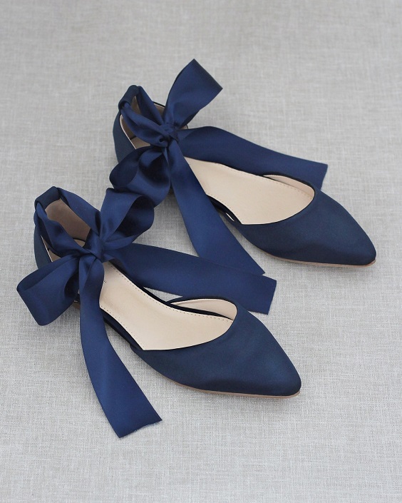 Navy satin pointy toe flats with satin ankle tie for navy blue wedding themes for 2023 navy blue and champagne