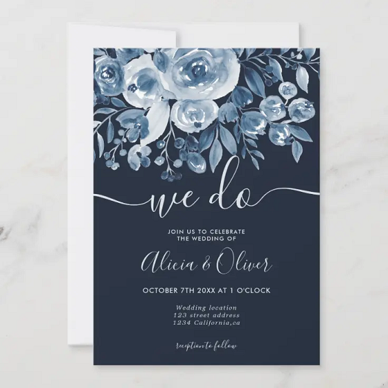navy blue wedding invitation with dusty blue printing for navy blue wedding themes for 2023 navy blue and dusty blue
