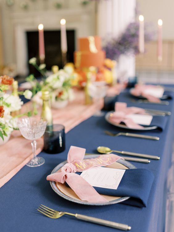 navy blue wedding tablecloth and napkins dusty rose table runners for navy blue wedding themes for 2023 navy blue and dusty rose