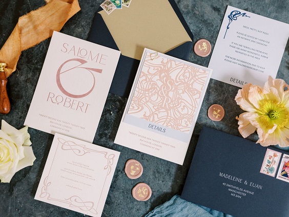 wedding stationery with dusty rose printing and navy blue covers for navy blue wedding themes for 2023 navy blue and dusty rose