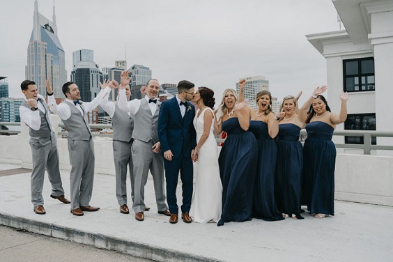 navy blue bridesmaid dresses white bridal gown grey men suits for navy blue wedding themes for 2023 navy blue and grey
