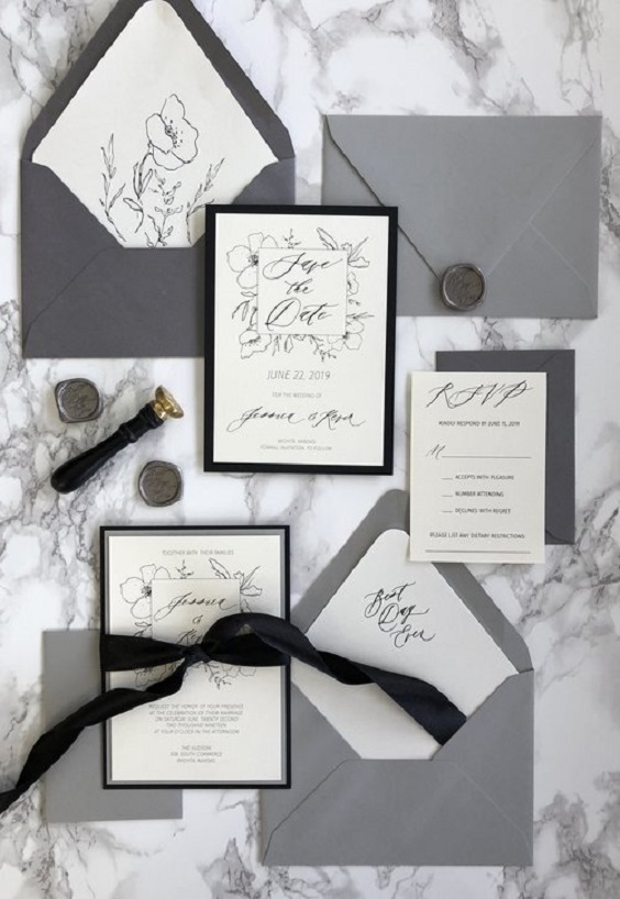 wedding invites with grey cover and navy ribbons for navy blue wedding themes for 2023 navy blue and grey