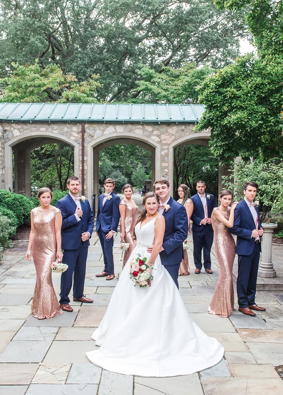 rose gold bridesmaid dresses white bridal gown navy blue men suits for navy blue wedding themes for 2023 navy blue and rose gold
