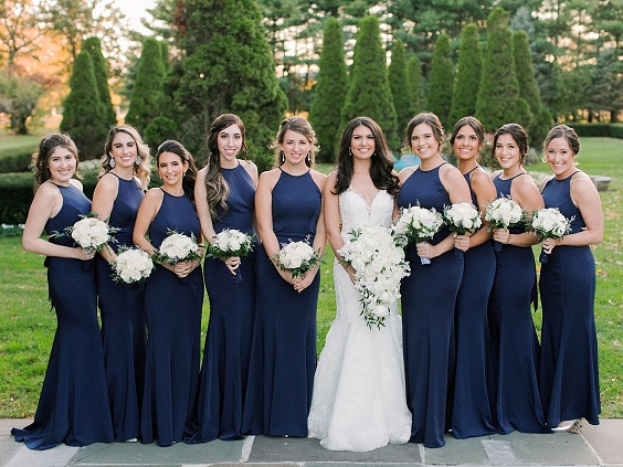 Blue Wedding - Navy Blue Bridesmaid Dresses Paired with Peach and Green  Bouquets - ColorsBridesmaid