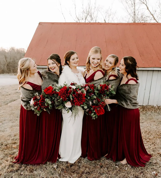 Burgundy, Red and White December Wedding Color Combos 2023, Burgundy Bridesmaid Dresses, Red Bouquets