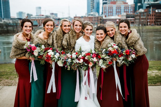 Emerald Green, Burgundy and Navy Blue December Wedding Color Combos 2023, Emerald Green Bridesmaid Dresses, Navy Blue Groom Suit