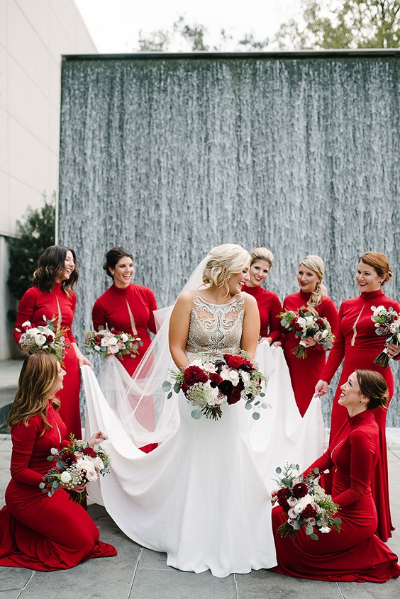 Red, Black and White December Wedding Color Combos 2023, Red Bridesmaid Dresses, White Bridal Gown