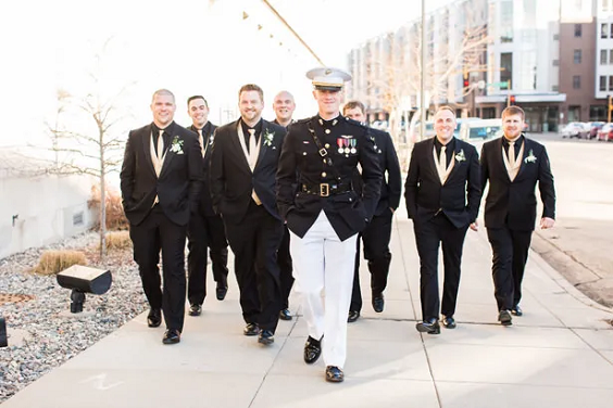 Groom Groomsmen Attire for White, Black and Gold December Wedding Color Combos 2023