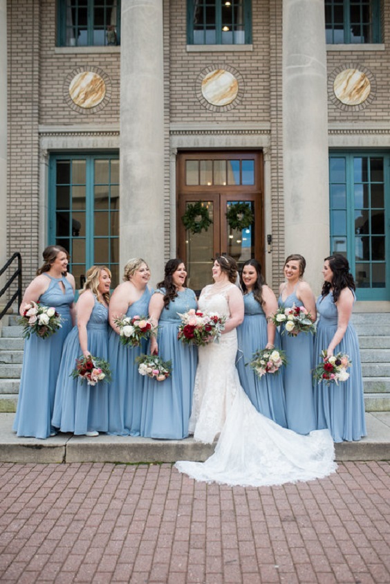 dusty blue bridesmaid dresses white bridal gown burgundy bouquets for dusty blue wedding themes for 2023 dusty blue and burgundy