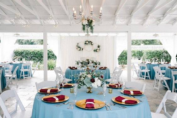 navy blue wedding tablecloth and burgundy napkins for dusty blue wedding themes for 2023 dusty blue and burgundy