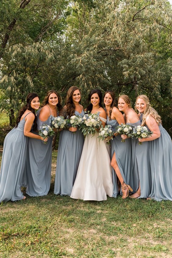 dusty blue bridesmaid dresses white bridal gown for dusty blue wedding themes for 2023 dusty blue and gold