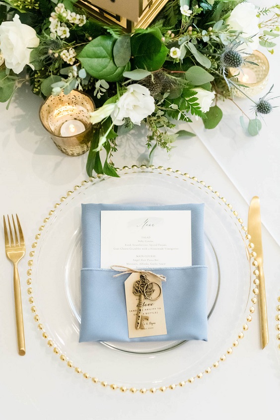 dusty blue wedding napkin and gold wedding drinkware for dusty blue wedding themes for 2023 dusty blue and gold