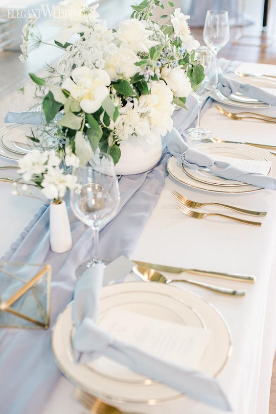 dusty blue wedding table runner and napkins gold forks and spoons for dusty blue wedding themes for 2023 dusty blue and gold