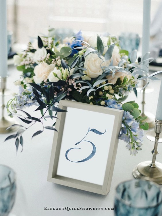 navy blue letter wedding table card for dusty blue wedding themes for 2023 dusty blue and navy blue