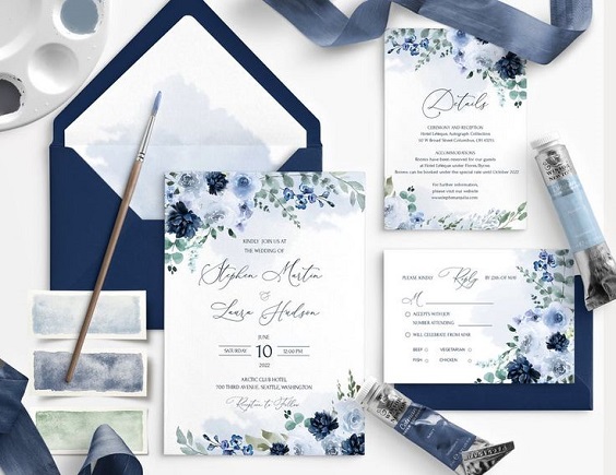 navy blue wedding invitation suite for dusty blue wedding themes for 2023 dusty blue and navy blue