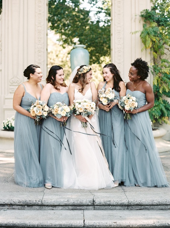 dusty blue bridesmaid dresses white bridal gown for dusty blue wedding themes for 2023 dusty blue coral and peach
