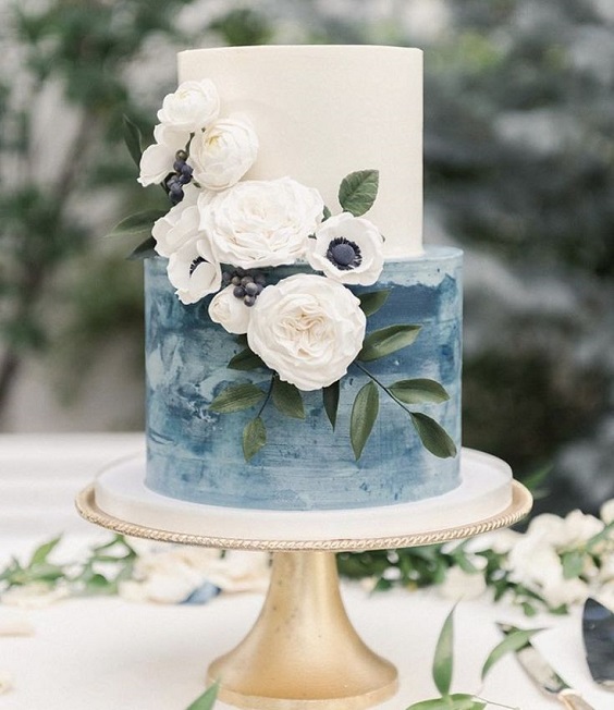 dusty blue and white wedding cake dotted with white flower and green leaves for dusty blue wedding themes for 2023 dusty blue green and white